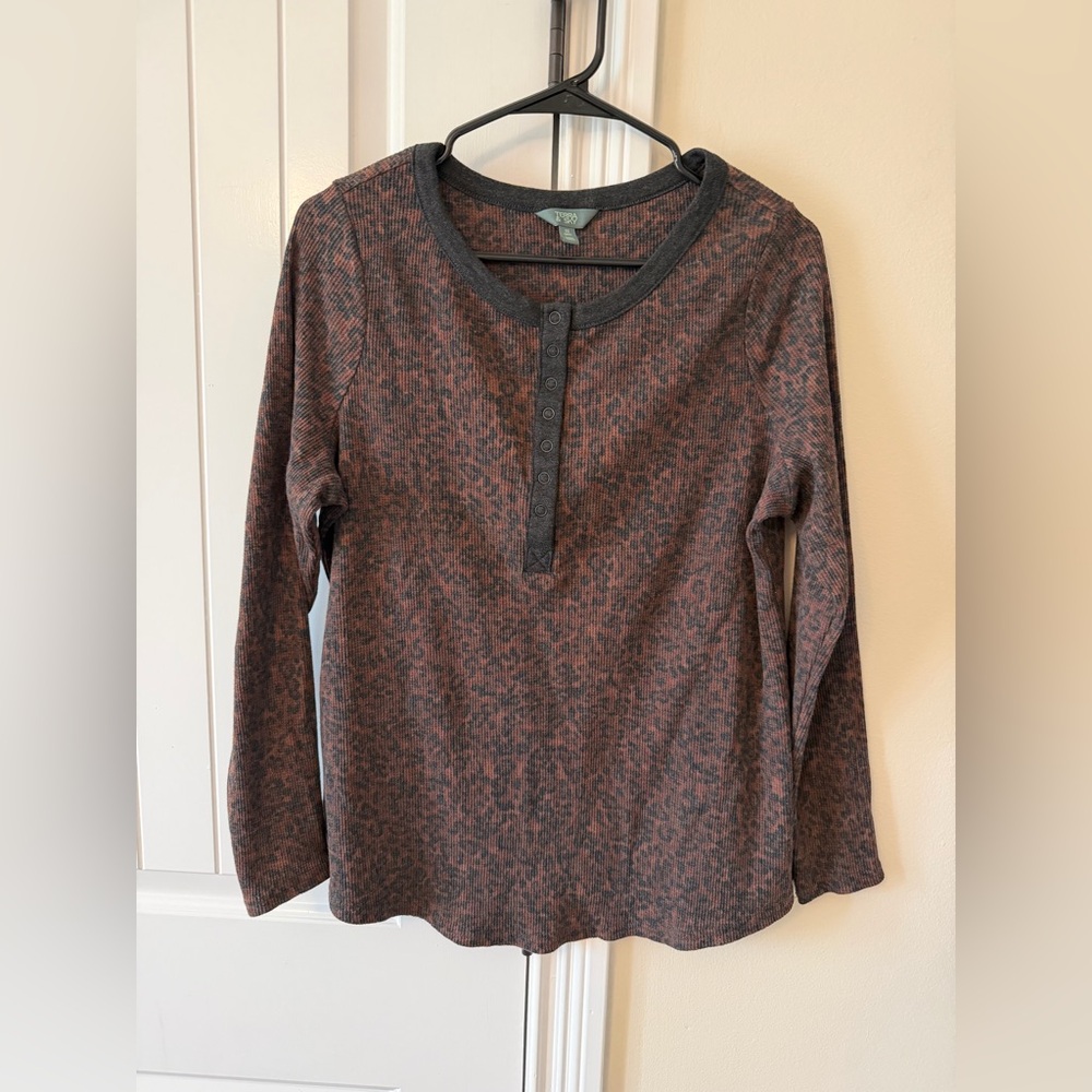 Terra & Sky Women's Long Sleeve Henley Top- Cheetah Print